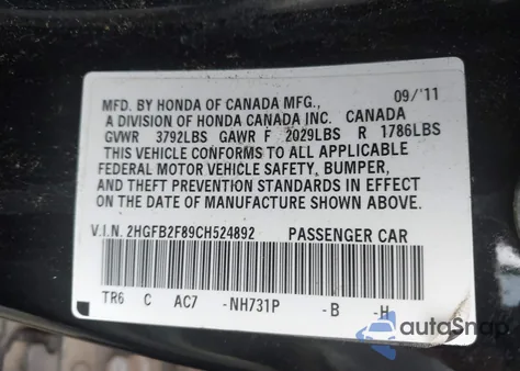 2012 Honda Civic Ex from USA, damaged, VIN 2HGFB2F89CH524892